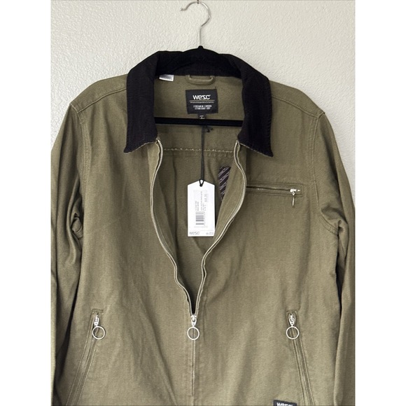 WeSC Zip Front Station Work Jacket Olive Green Canvas Mens S NWT Chore Coat - Picture 3 of 7